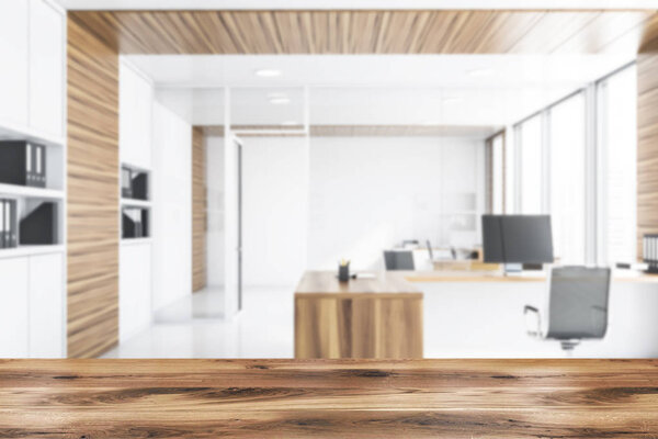 White and wood manager office with bookcase, blur