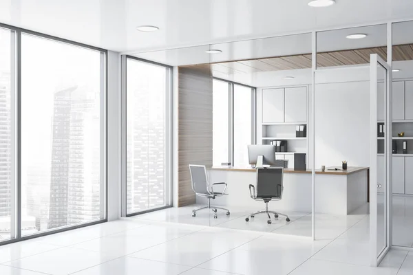 Hall corner with white and wood manager office — Stock Photo, Image