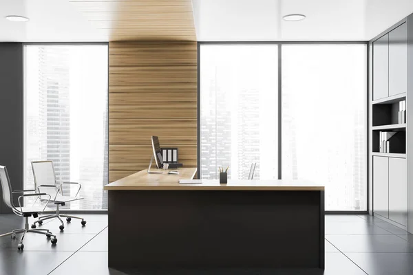 Side view of gray and wood manager office — Stock Photo, Image