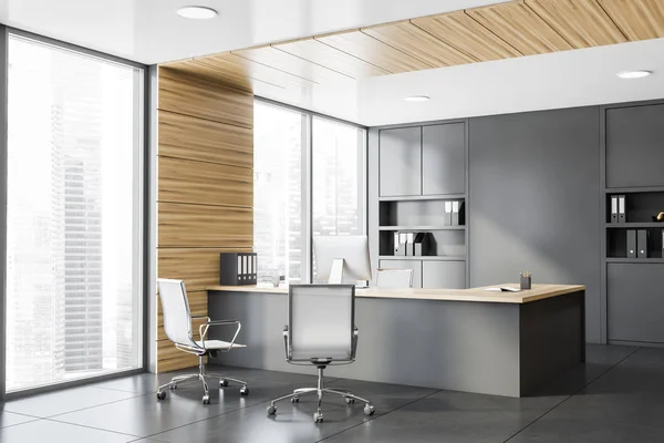 Rincón de oficina gris y madera gerente — Foto de Stock
