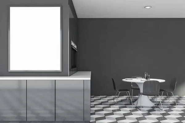 Interior da cozinha cinza com mesa e cartaz — Fotografia de Stock
