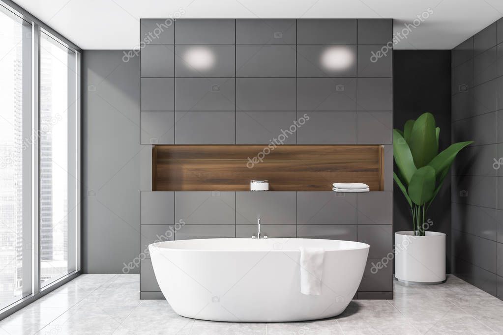 Panoramic gray tile bathroom interior with tub