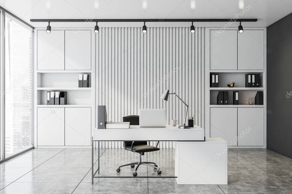 White and gray empty CEO office interior