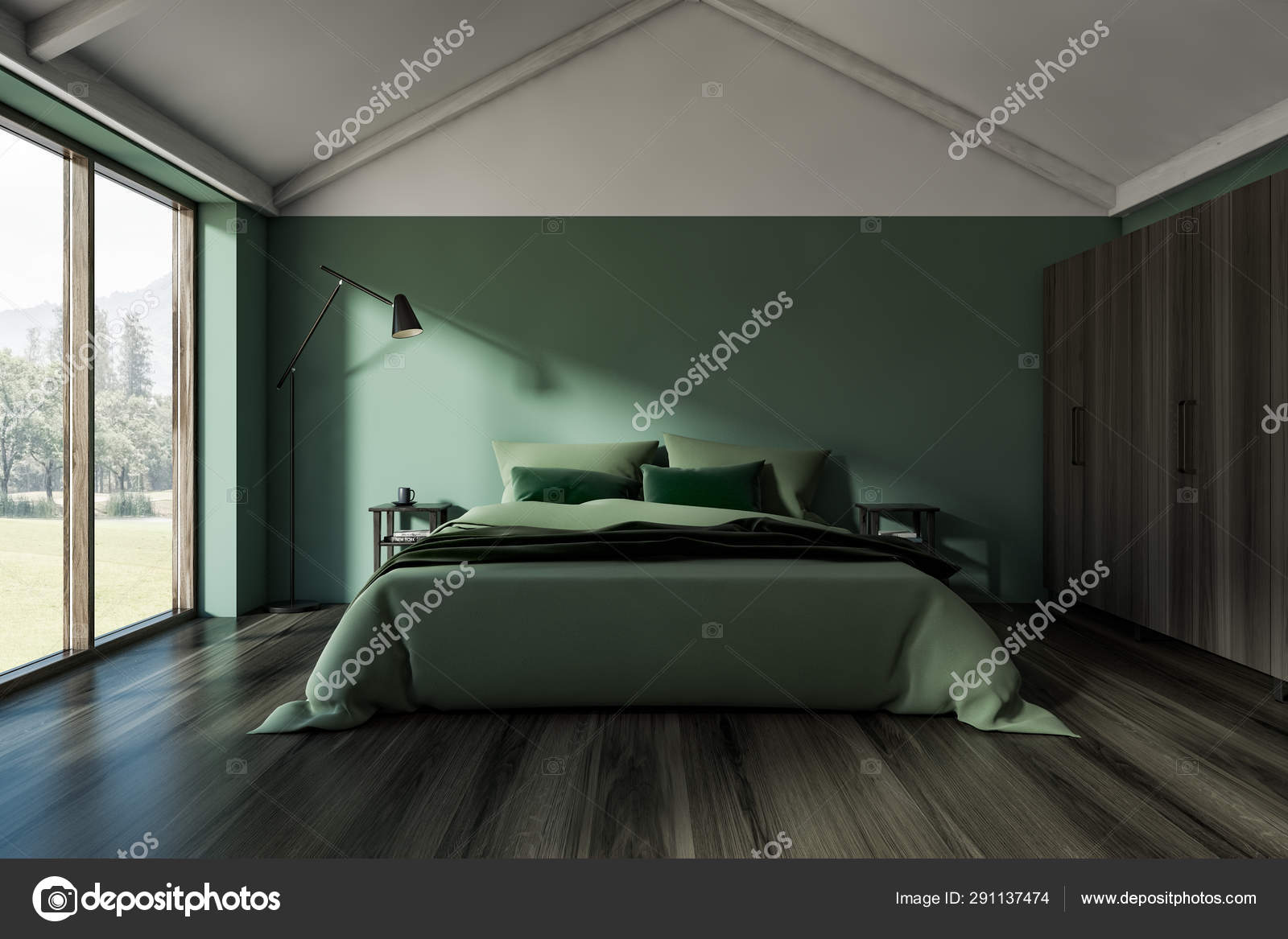 Dark green attic bedroom interior — Stock Photo © denisismagilov 291137474