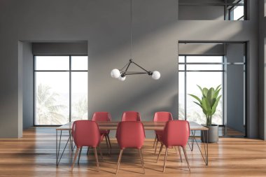 Kırmızı sandalye ile Gri yemek odası iç