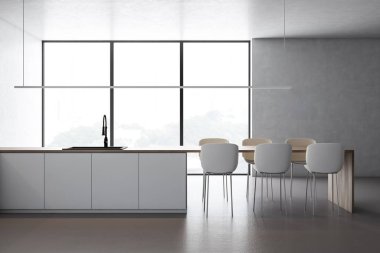 Tezgahlı beyaz panoramik mutfak