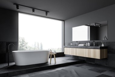 Gri ve karo banyo köşesi, küvet ve lavabo
