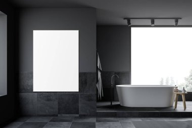 Küvet ve poster ile gri ve karo banyo