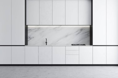 Minimalist beyaz ve mermer mutfak iç