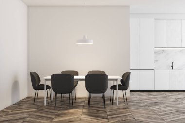 Masa ile ahşap zemin beyaz mutfak