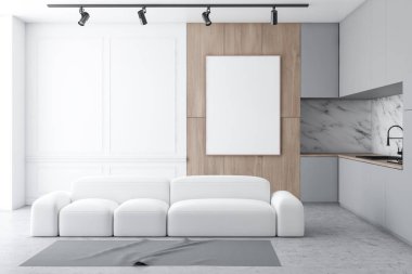 Beyaz mutfak iç, sayaçları ve kanepe