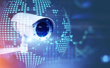 Gözetleme sokak kamera ve gezegen hologramı
