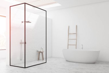 Duş ve küvetile beyaz banyo köşesi