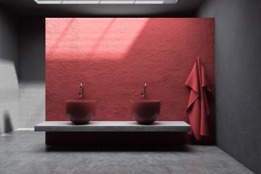 Çift lavabo ile kırmızı ve gri banyo iç