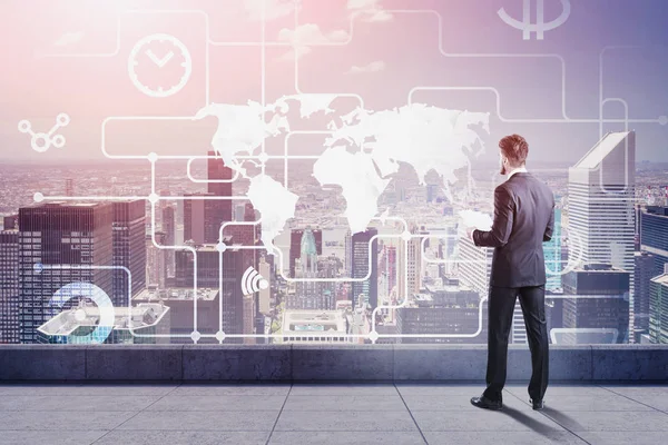 Man on roof looking at global business interface — Stock Photo, Image