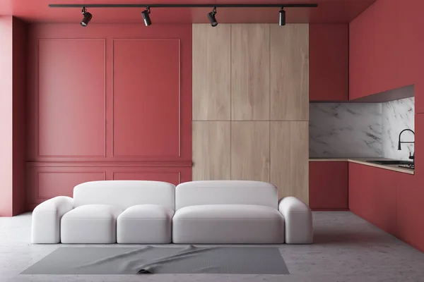Rote Küche mit Sofa — Stockfoto