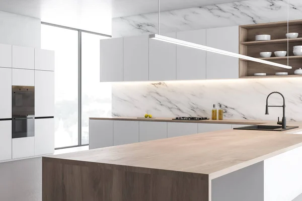 Vit marmor kök hörn med trä ö — Stockfoto