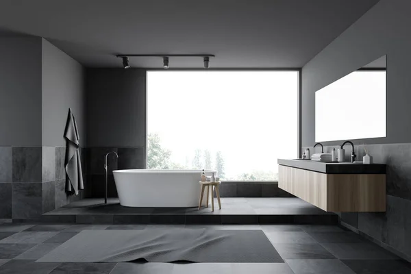 Gray and tiled bathroom interior, tub and sink — Stock Photo, Image