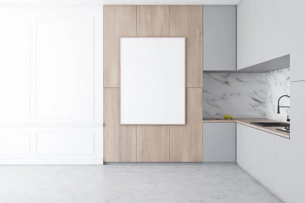 Cozinha branca e de madeira, bancadas e cartaz — Fotografia de Stock