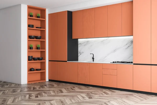Oranje en marmeren keukenhoek met werkbladen — Stockfoto