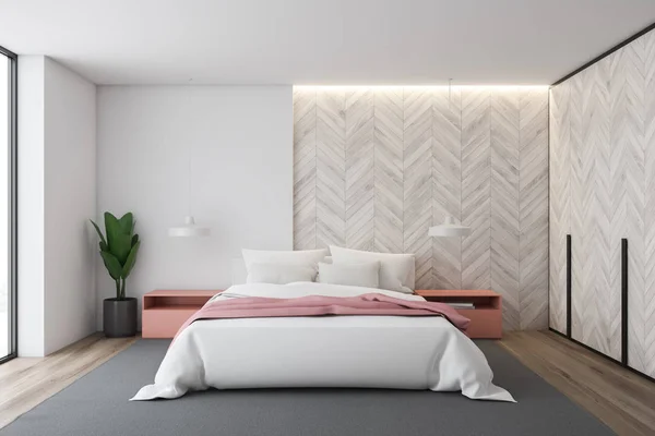 Białe i drewniane wnętrze sypialni — Zdjęcie stockowe