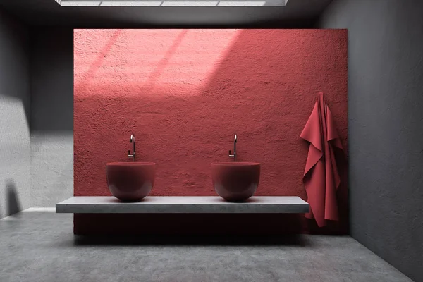 Czerwona i szara łazienka wnętrze z podwójną umywalką — Zdjęcie stockowe