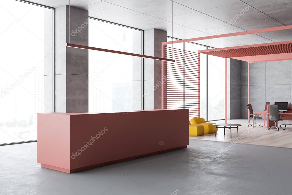 Pink reception and lounge in office corner