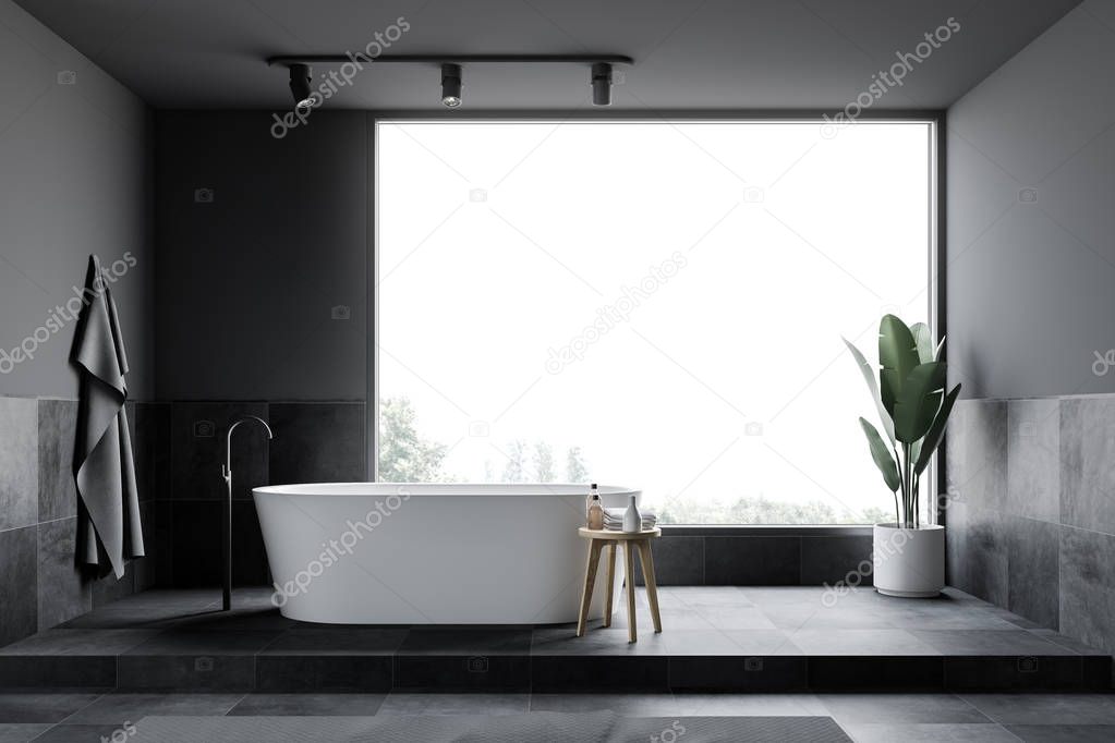 Gray and tiled loft bathroom interior, tub