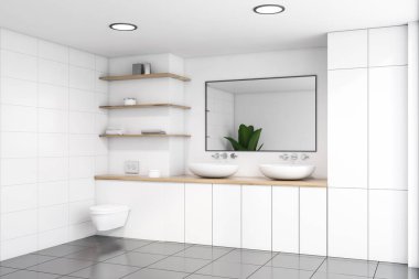 Beyaz banyo köşesi, lavabo ve tuvalet