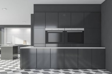 İki fırın ile gri mutfak iç