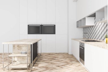 Ada ile beyaz mutfak yan görünümü