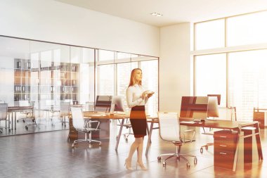 Toplantı odası ile beyaz açık alan ofis kadın