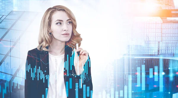 Omtänksam affärskvinna i City, digital Graf — Stockfoto