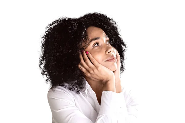 Dreaming young happy African woman, isolated — Stock Photo, Image