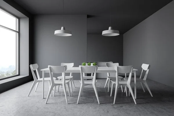 Інтер'єр сірої їдальні з білими стільцями — стокове фото