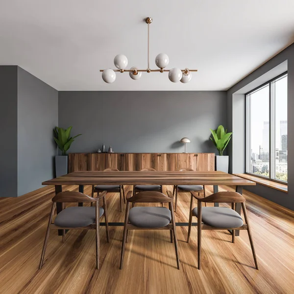 Interior de sala de jantar cinza com piso de madeira — Fotografia de Stock