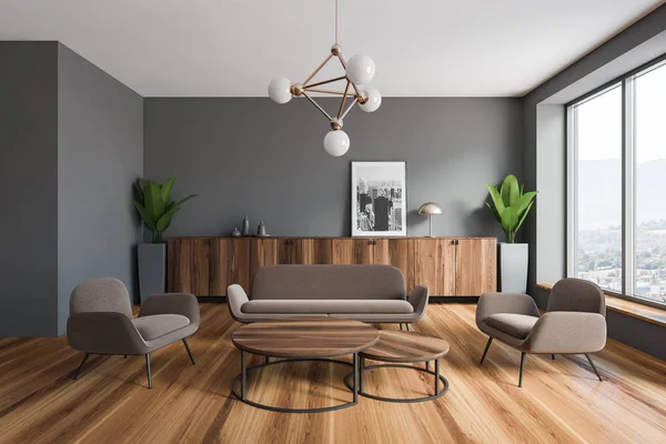 Grijze woonkamer interieur met foto — Stockfoto