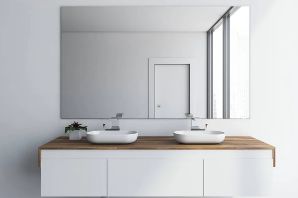 Close up of double sink in white bathroom — Stock Photo, Image