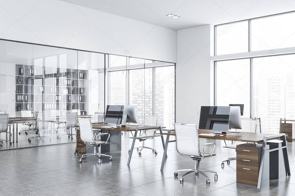 White office with open space and meeting room