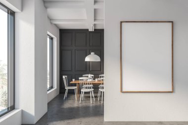 Gri ve beyaz yemek odası sahte poster ile