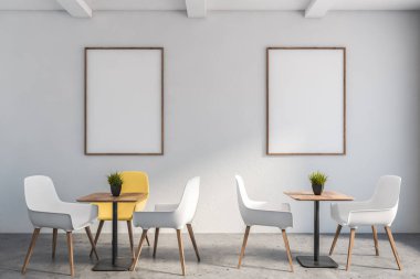 Posterli beyaz minimalist kafe iç