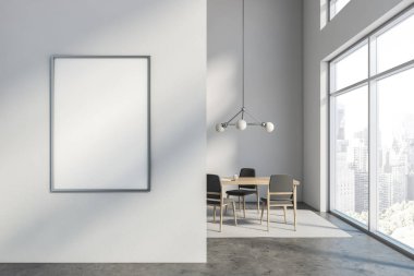 Boş poster ile beyaz yemek odası iç