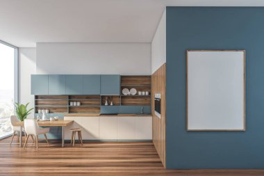 Posterli mavi ve ahşap mutfak