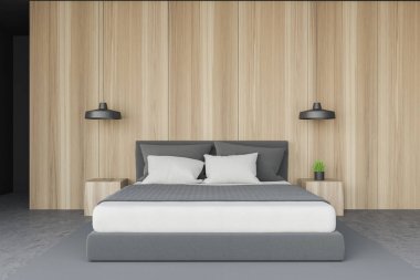 Açık ahşap ve gri ana yatak odası iç