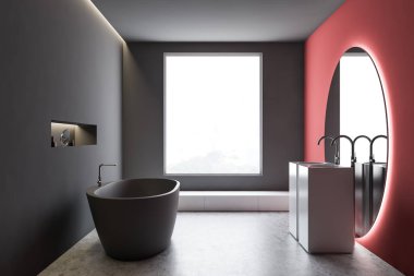 Yuvarlak ayna ile gri ve kırmızı banyo iç