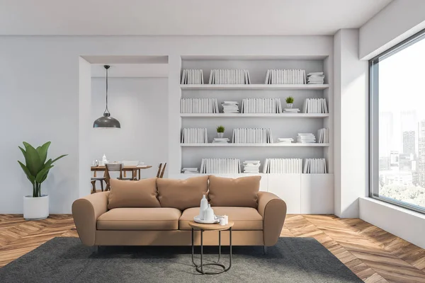 Vitt vardagsrum med beige soffa — Stockfoto