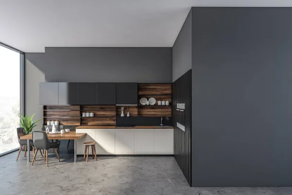 Gray and wooden kitchen with mock up wall