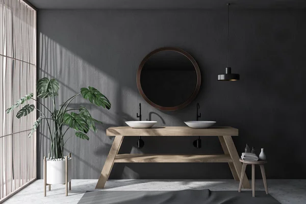 Gray bathroom with double sink and mirror — Stock Photo, Image