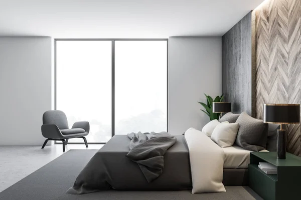 Белый и серый интерьер спальни с креслом — стоковое фото