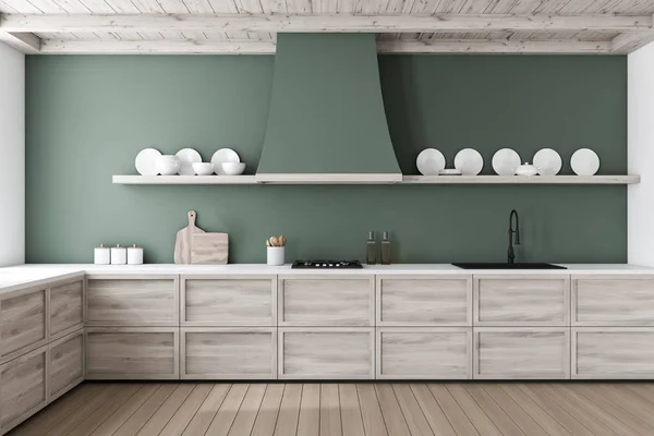Interior de cozinha verde com bancadas de madeira — Fotografia de Stock